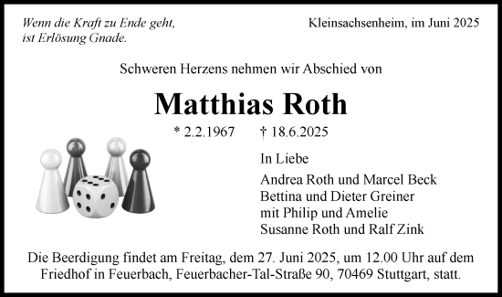 Traueranzeige von Matthias Roth von Bietigheimer Zeitung