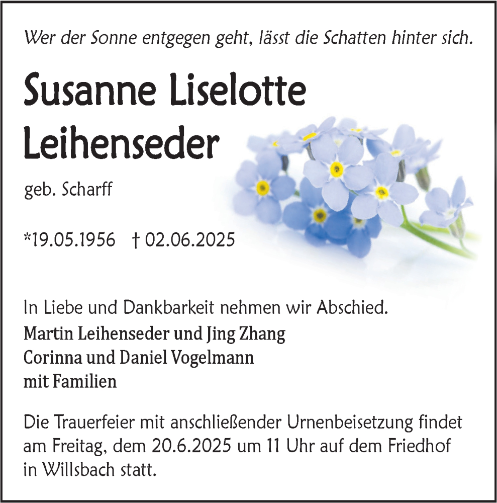  Traueranzeige für Susanne Liselotte Leihenseder vom 14.06.2025 aus Bietigheimer Zeitung