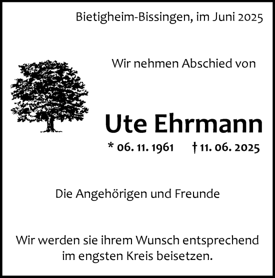 Traueranzeige von Ute Ehrmann von Bietigheimer Zeitung