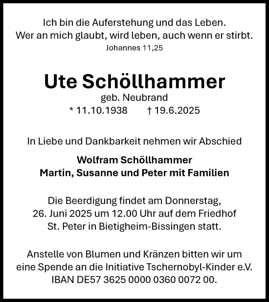 Traueranzeige von Ute Schöllhammer von Bietigheimer Zeitung