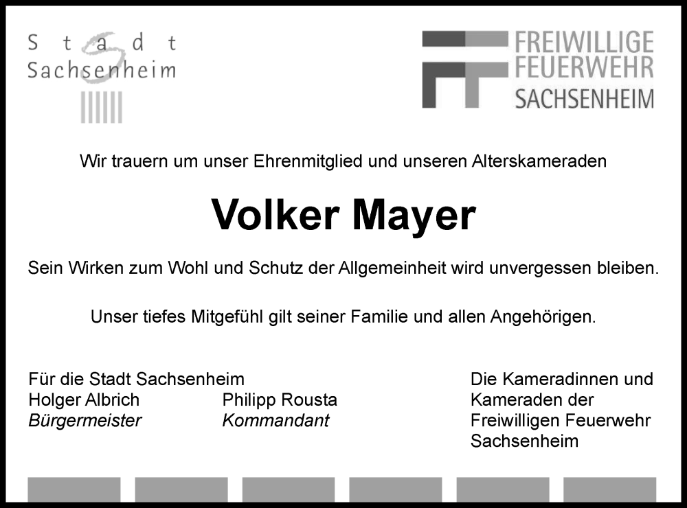  Traueranzeige für Volker Mayer vom 07.06.2025 aus Bietigheimer Zeitung