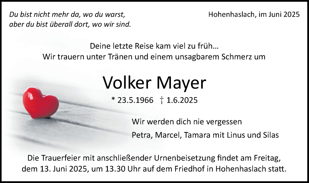  Traueranzeige für Volker Mayer vom 07.06.2025 aus Bietigheimer Zeitung