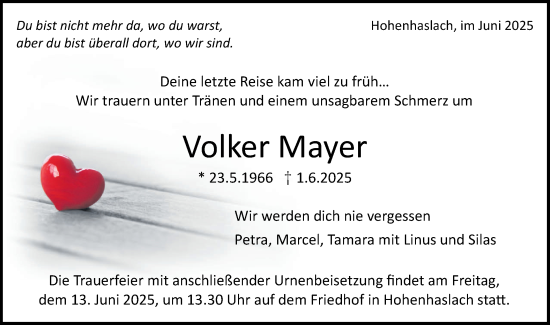 Traueranzeige von Volker Mayer von Bietigheimer Zeitung