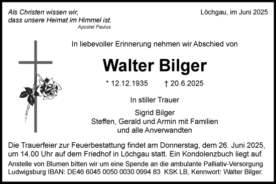 Traueranzeige von Walter Bilger von Bietigheimer Zeitung