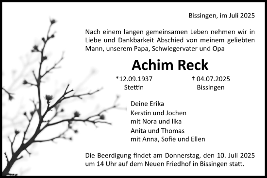 Traueranzeige von Achim Reck von Bietigheimer Zeitung