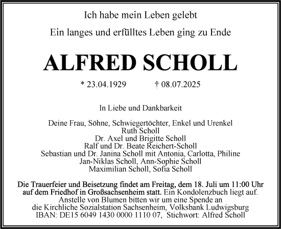 Traueranzeige von Alfred Scholl von Bietigheimer Zeitung