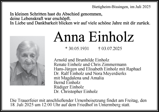 Traueranzeige von Anna Einholz von Bietigheimer Zeitung