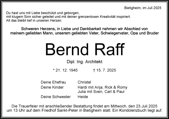 Traueranzeige von Bernd Raff von Bietigheimer Zeitung