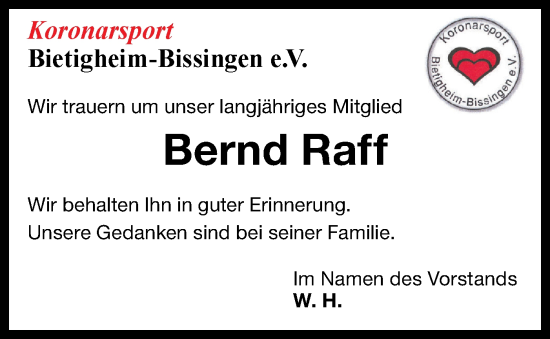 Traueranzeige von Bernd Raff von Bietigheimer Zeitung