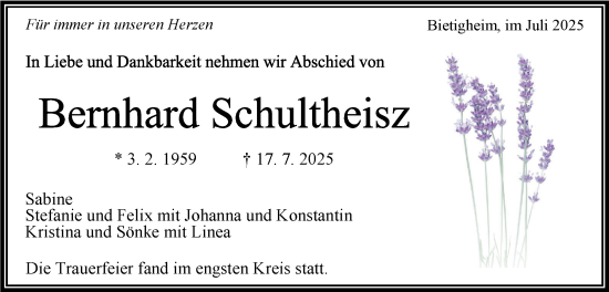 Traueranzeige von Bernhard Schultheisz von Bietigheimer Zeitung