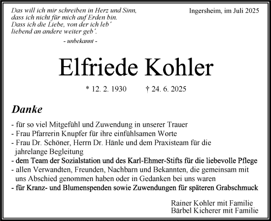 Traueranzeige von Elfriede Kohler von Bietigheimer Zeitung