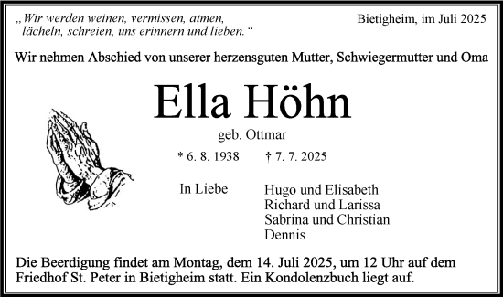 Traueranzeige von Ella Höhn von Bietigheimer Zeitung