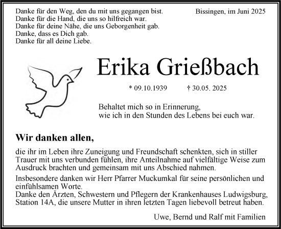 Traueranzeige von Erika Grießbach von Bietigheimer Zeitung