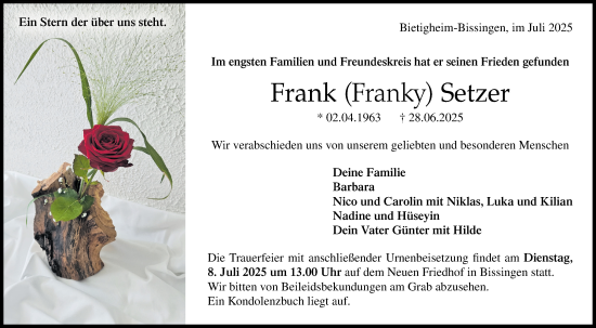 Traueranzeige von Frank Setzer von Bietigheimer Zeitung