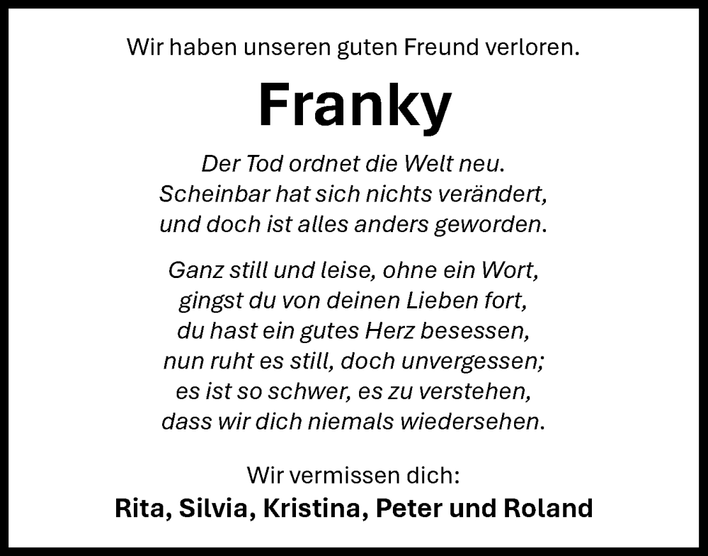  Traueranzeige für Franky  vom 04.07.2025 aus Bietigheimer Zeitung