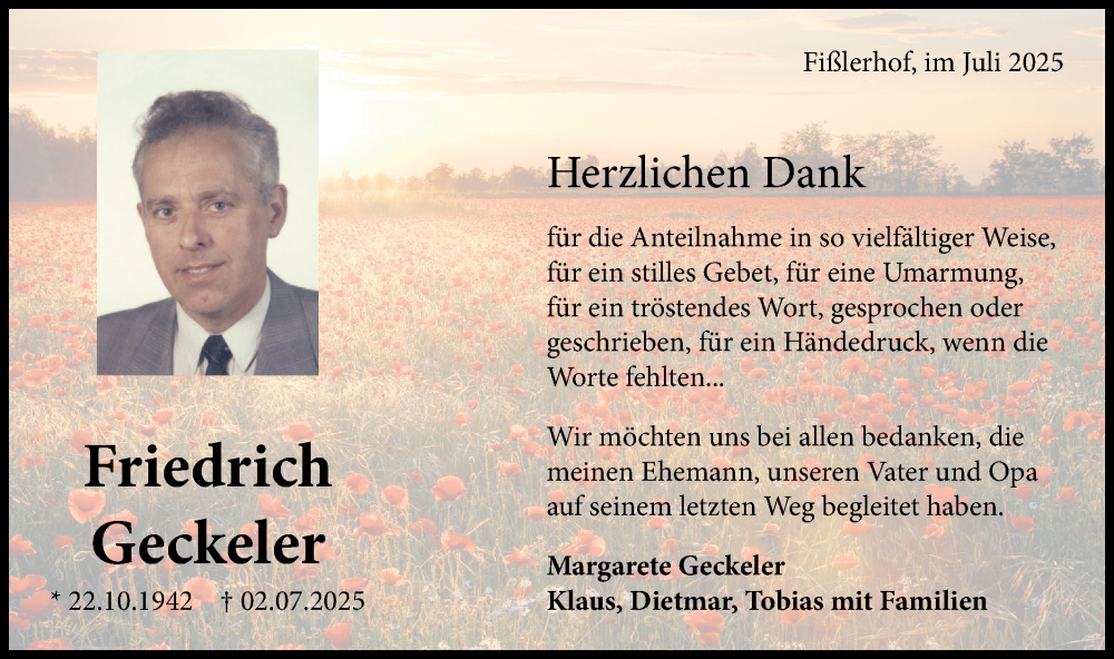  Traueranzeige für Friedrich Geckeler vom 24.07.2025 aus Bietigheimer Zeitung