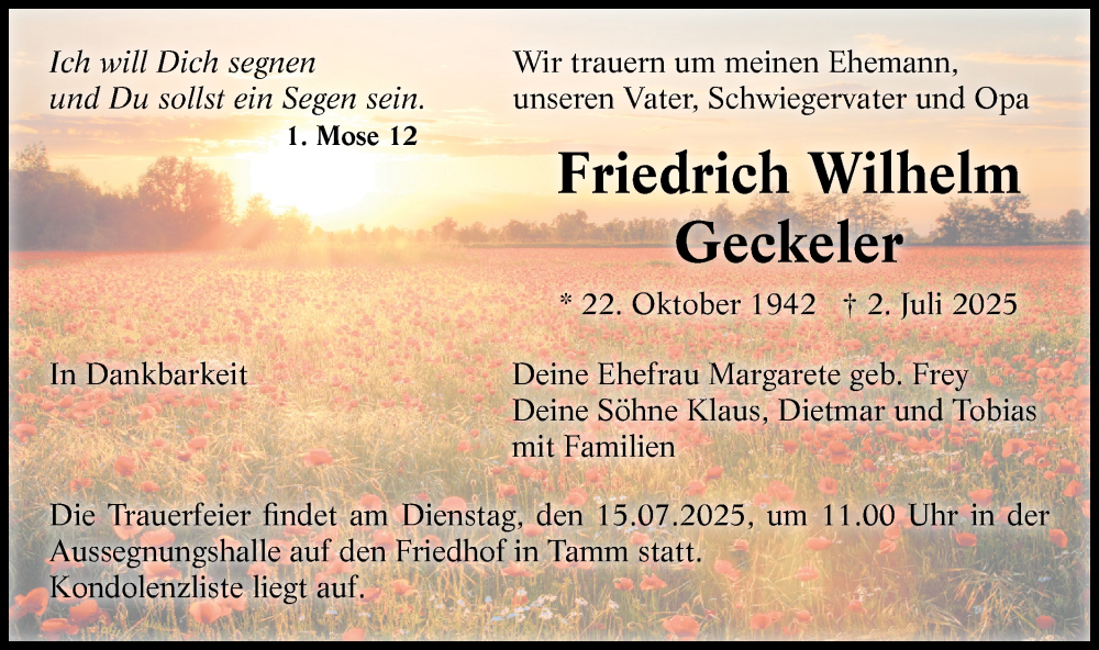  Traueranzeige für Friedrich Wilhelm Geckeler vom 12.07.2025 aus Bietigheimer Zeitung