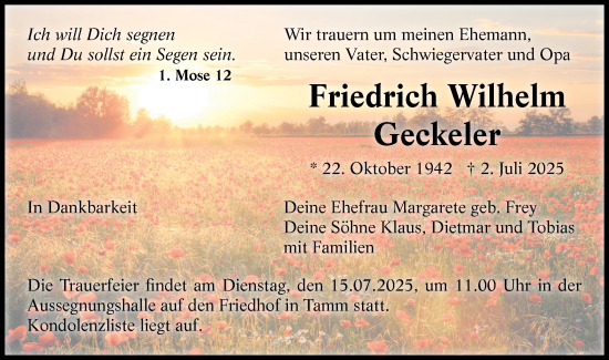 Traueranzeige von Friedrich Wilhelm Geckeler von Bietigheimer Zeitung