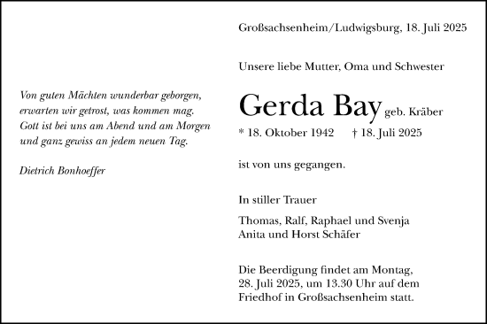 Traueranzeige von Gerda Bay von Bietigheimer Zeitung