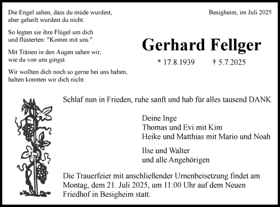 Traueranzeige von Gerhard Fellger von Bietigheimer Zeitung