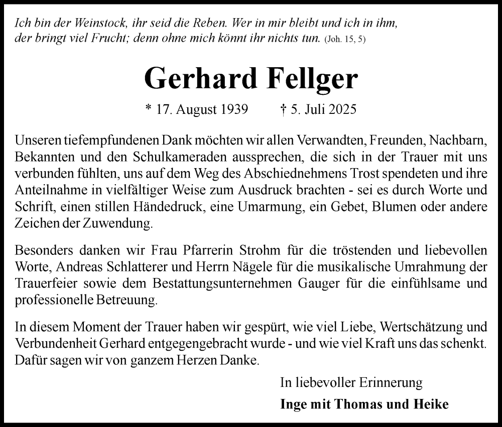  Traueranzeige für Gerhard Fellger vom 26.07.2025 aus Bietigheimer Zeitung