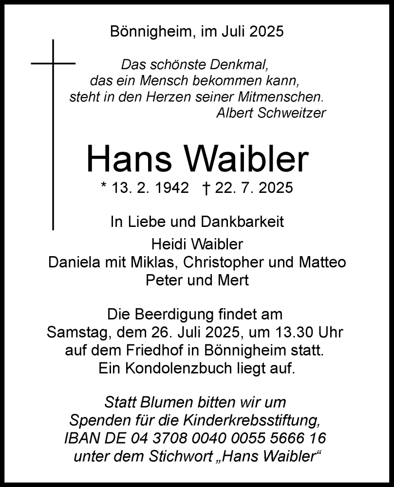  Traueranzeige für Hans Waibler vom 25.07.2025 aus Bietigheimer Zeitung
