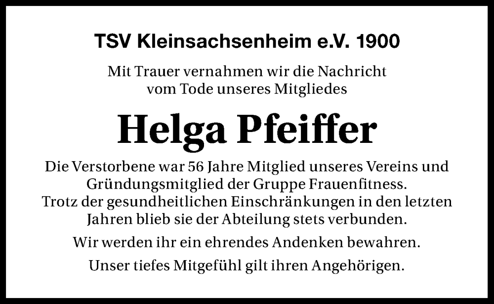  Traueranzeige für Helga Pfeiffer vom 29.07.2025 aus Bietigheimer Zeitung