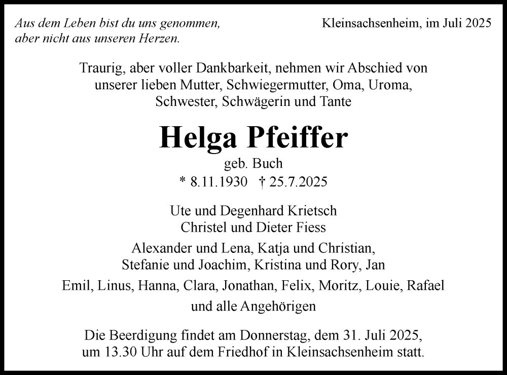  Traueranzeige für Helga Pfeiffer vom 28.07.2025 aus Bietigheimer Zeitung