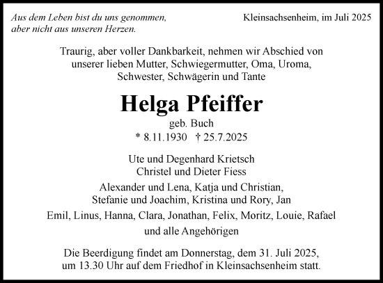 Traueranzeige von Helga Pfeiffer von Bietigheimer Zeitung