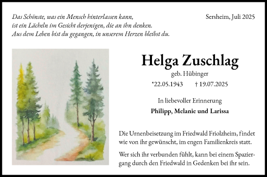 Traueranzeige von Helga Zuschlag von Bietigheimer Zeitung