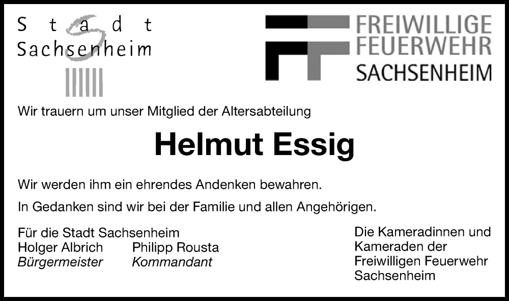  Traueranzeige für Helmut Essig vom 12.07.2025 aus Bietigheimer Zeitung