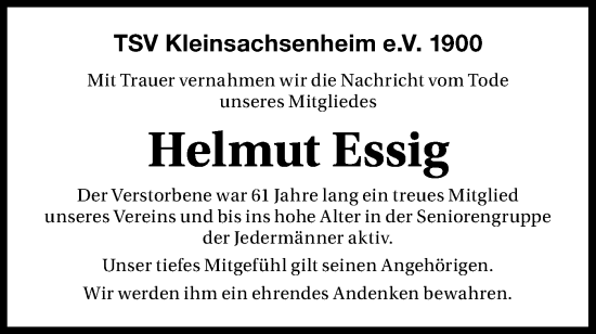 Traueranzeige von Helmut Essig von Bietigheimer Zeitung