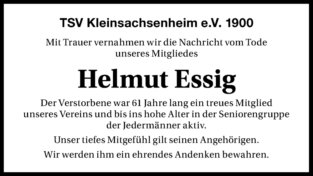  Traueranzeige für Helmut Essig vom 15.07.2025 aus Bietigheimer Zeitung