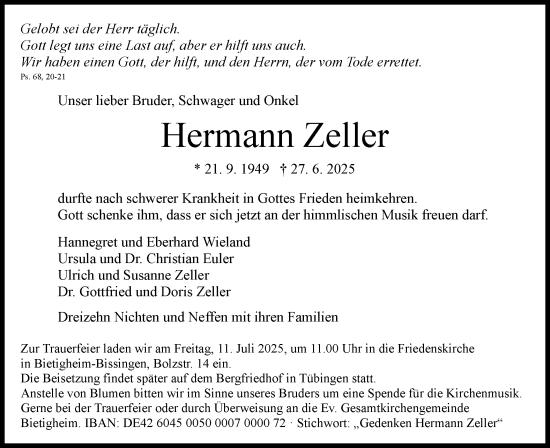 Traueranzeige von Hermann Zeller von Bietigheimer Zeitung