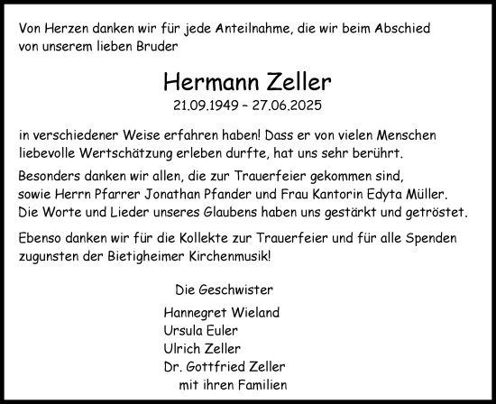 Traueranzeige von Hermann Zeller von Bietigheimer Zeitung