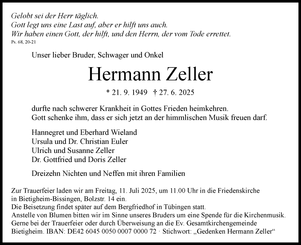  Traueranzeige für Hermann Zeller vom 01.07.2025 aus Bietigheimer Zeitung