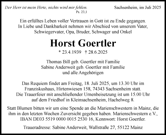 Traueranzeige von Horst Goertler von Bietigheimer Zeitung