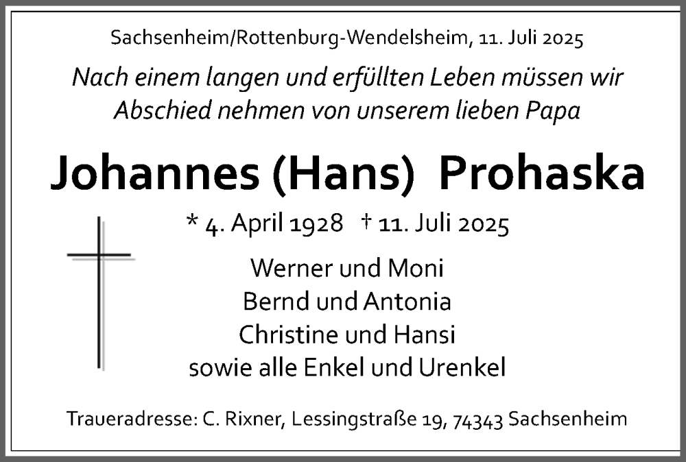  Traueranzeige für Johannes Prohaska vom 16.07.2025 aus Bietigheimer Zeitung