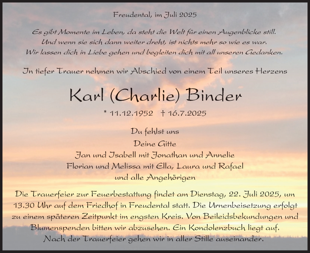  Traueranzeige für Karl Binder vom 19.07.2025 aus Bietigheimer Zeitung