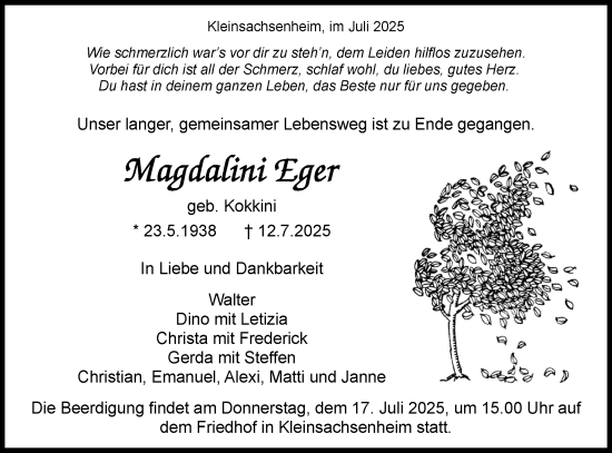 Traueranzeige von Magdalini Eger von Bietigheimer Zeitung