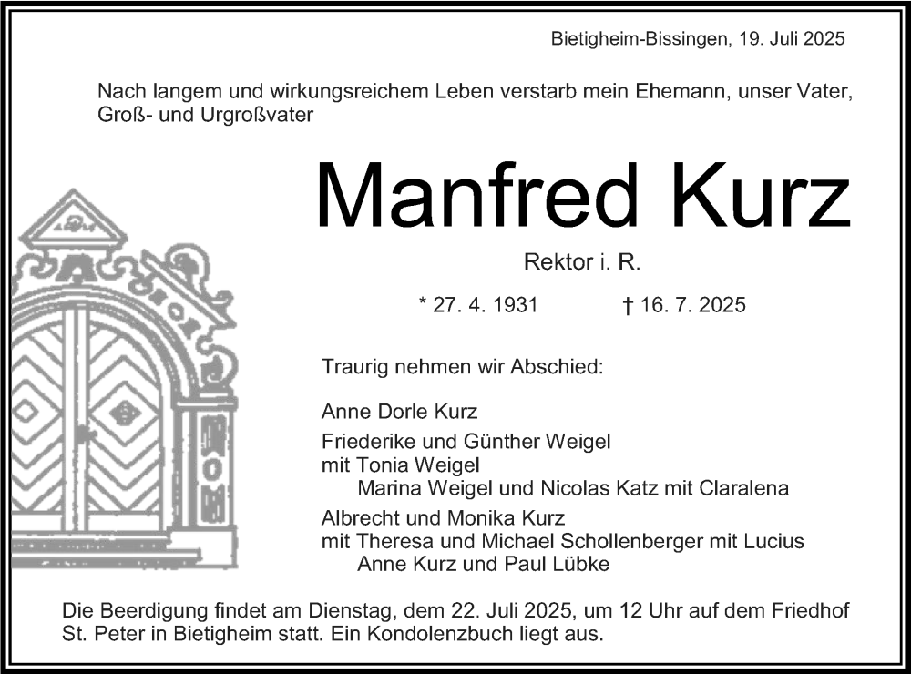  Traueranzeige für Manfred Kurz vom 19.07.2025 aus Bietigheimer Zeitung