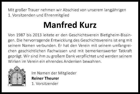 Traueranzeige von Manfred Kurz von Bietigheimer Zeitung