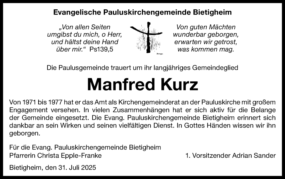  Traueranzeige für Manfred Kurz vom 31.07.2025 aus Bietigheimer Zeitung