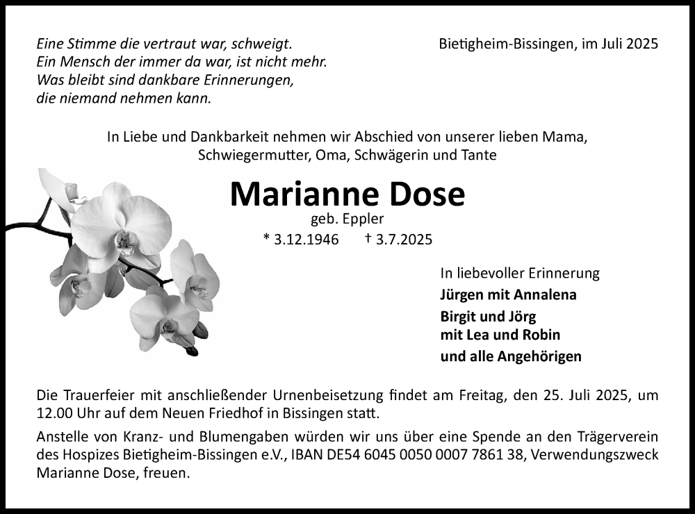  Traueranzeige für Marianne Dose vom 22.07.2025 aus Bietigheimer Zeitung