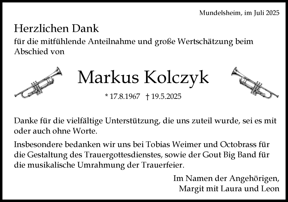  Traueranzeige für Markus Kolczyk vom 05.07.2025 aus Bietigheimer Zeitung