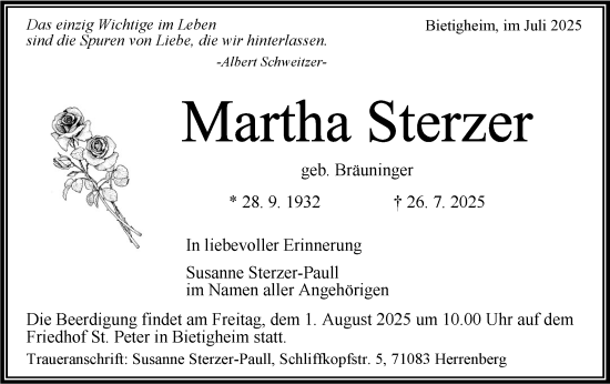 Traueranzeige von Martha Sterzer von Bietigheimer Zeitung