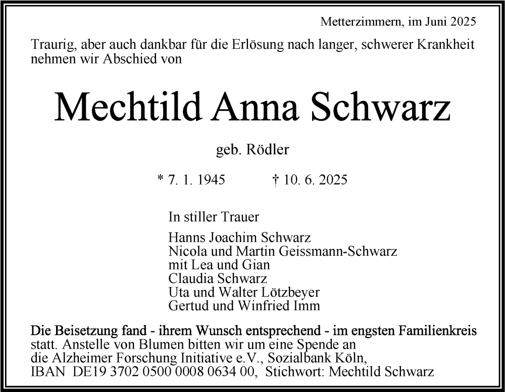  Traueranzeige für Mechtild Anna Schwarz vom 02.07.2025 aus Bietigheimer Zeitung