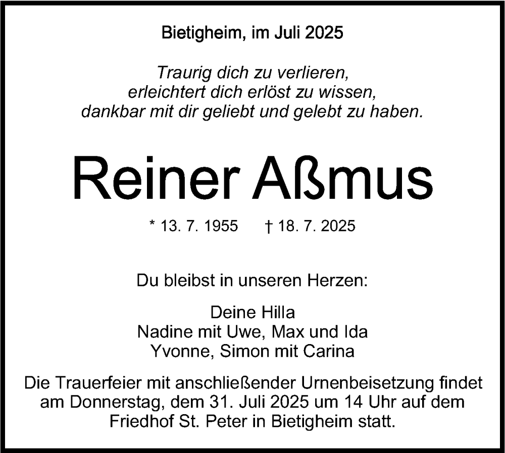  Traueranzeige für Reiner Aßmus vom 28.07.2025 aus Bietigheimer Zeitung