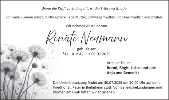 Traueranzeige von Renate Neumann von Bietigheimer Zeitung