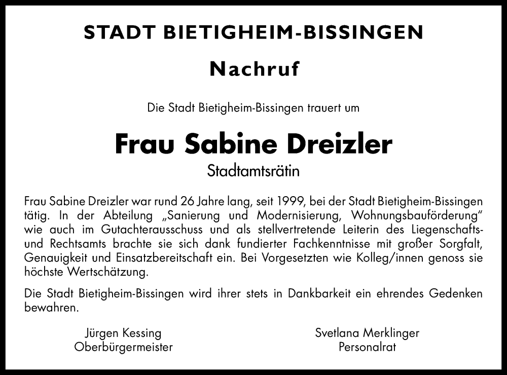  Traueranzeige für Sabine Dreizler vom 25.07.2025 aus Bietigheimer Zeitung